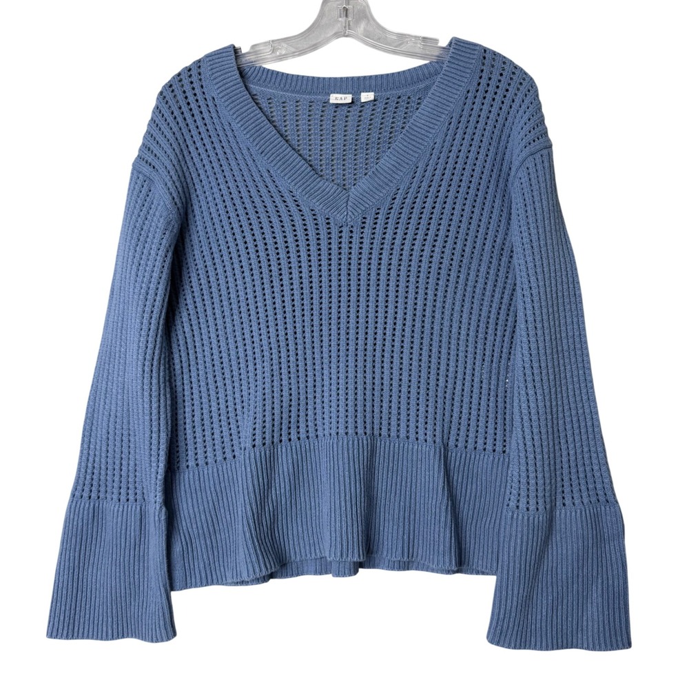 Gap Relaxed Crochet V Neck‎ Sweater Womens S Bainbridge Blue Drop Shoulder Beach